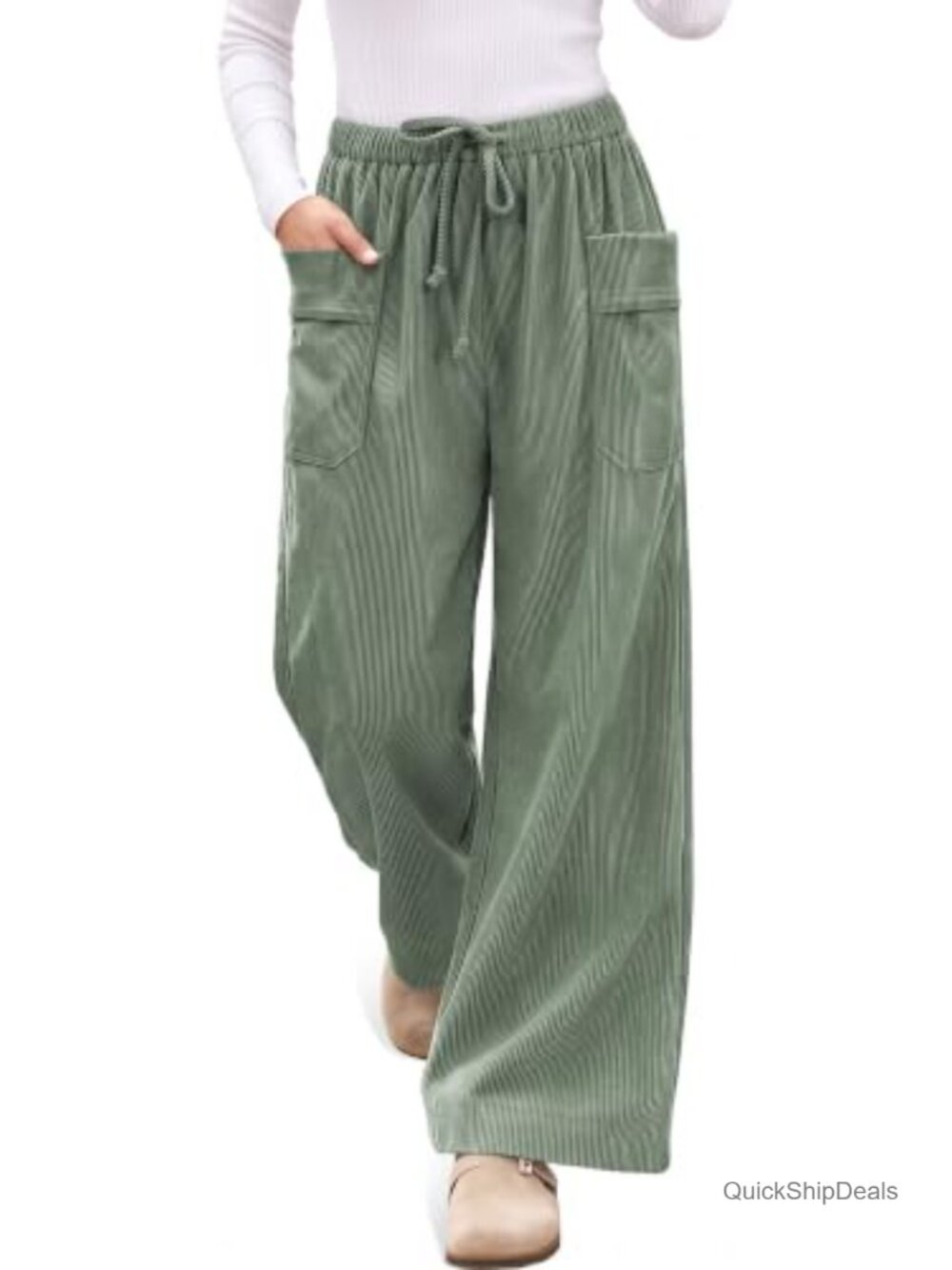 TARSE Corduroy Pants Women Drawstring Wide Leg Casual Trousers